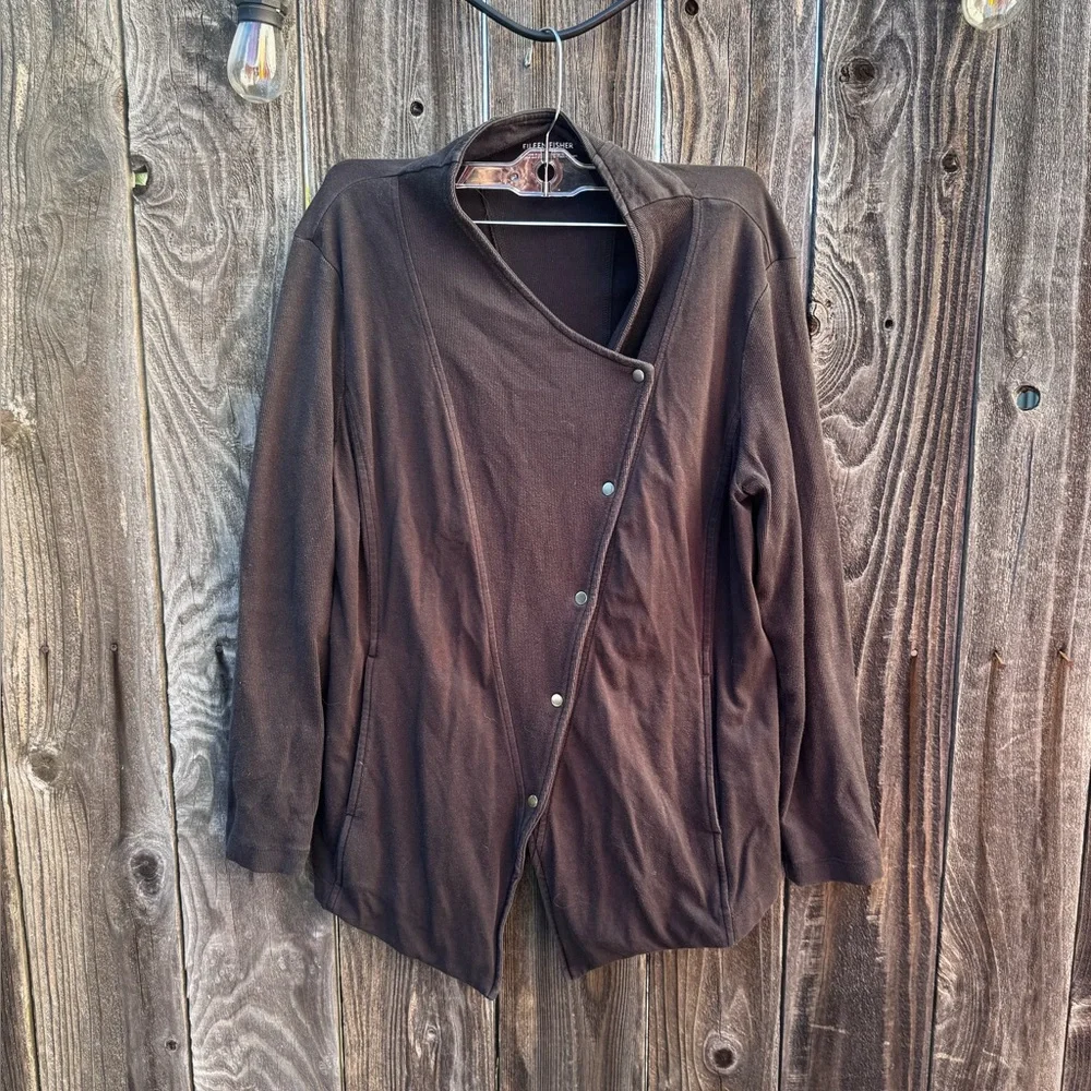 Eileen Fisher Asymmetrical Snap Front Cotton Jacket Black Size Petite Large - Picture 16 of 16